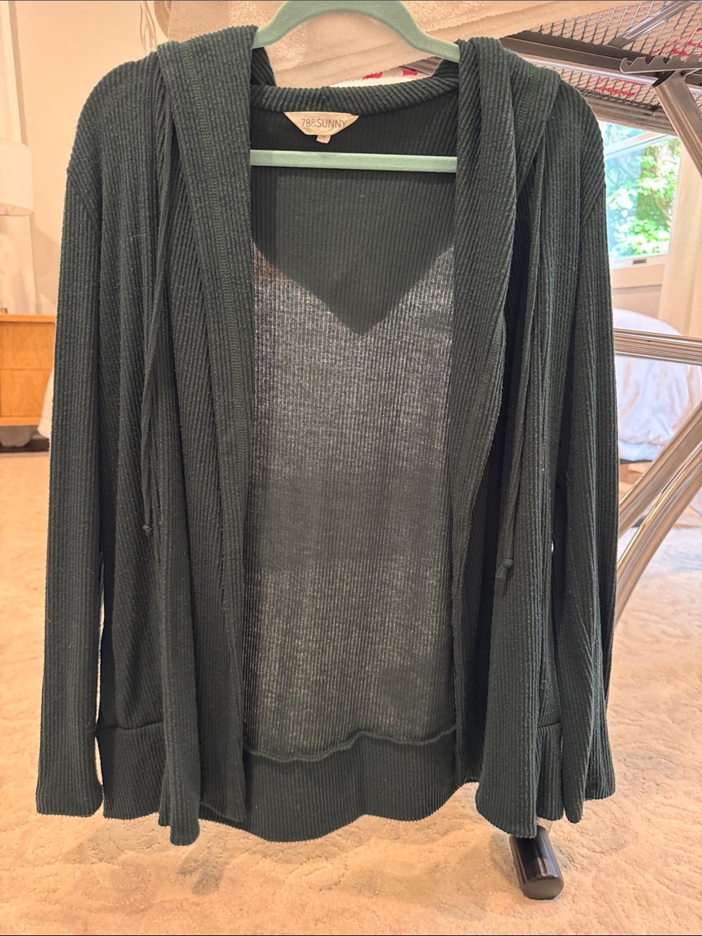 Hooded Ribbed Open-Front Cardigan Sweater - Dark Teal
